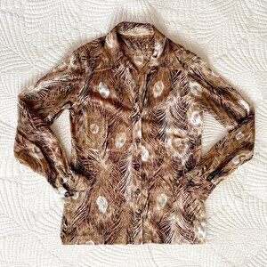 VTG 70s Hippie Boho Dart Collar Sheer Beige Peacock Feather Blouse Size S
